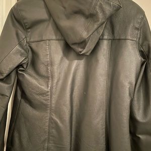 Super cute leather black jacket with a hoodie